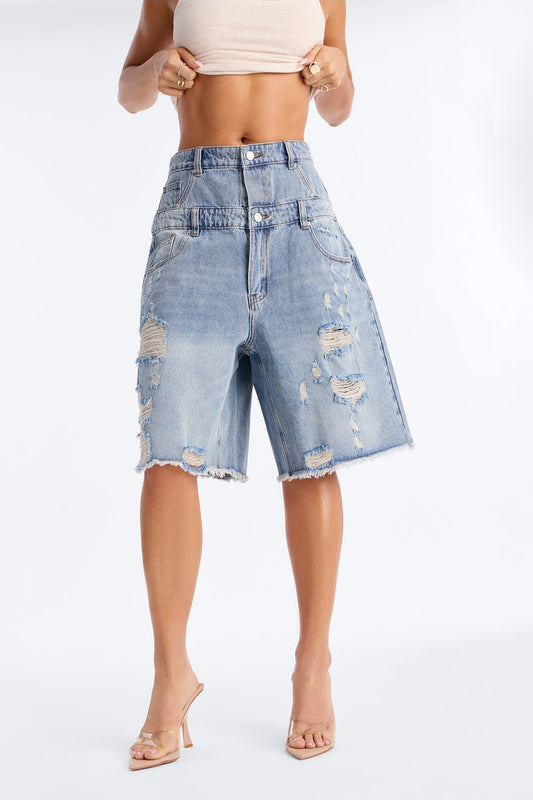 We Stick Together Double Waistband Ripped Denim Jorts - Medium Wash
