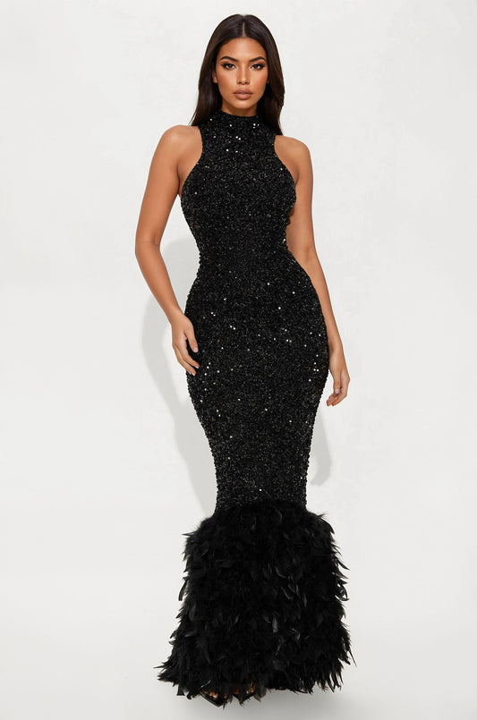 Zoey Feathered Sequin Gown - Black