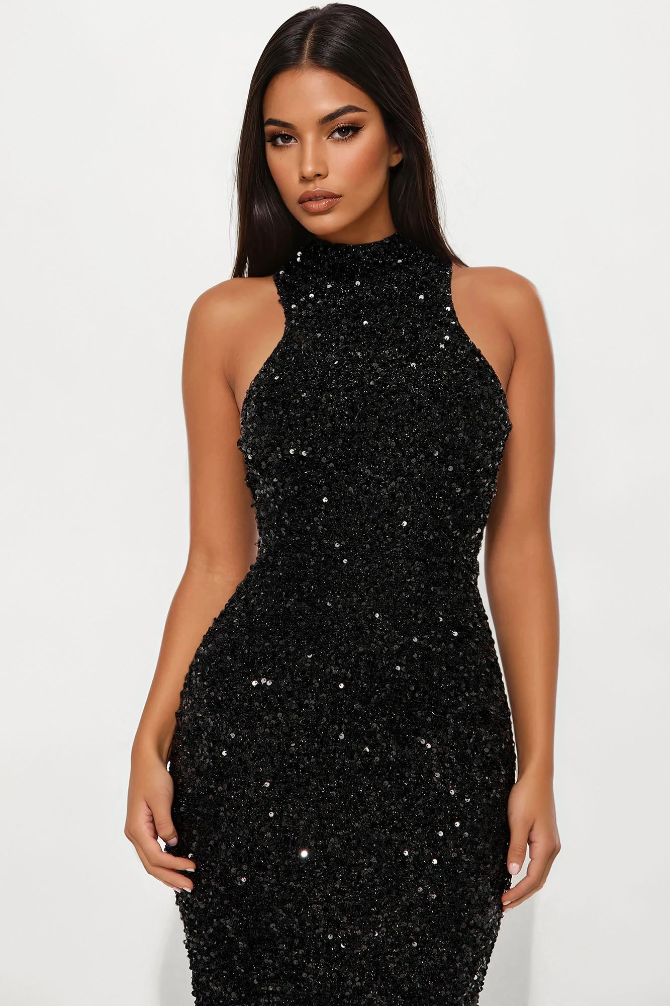 Zoey Feathered Sequin Gown - Black