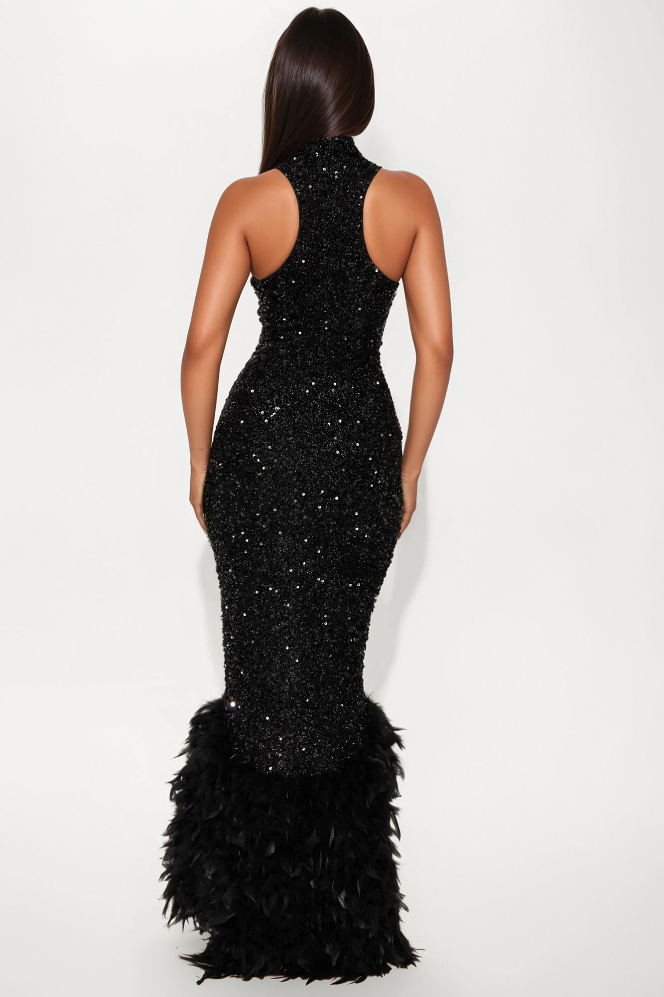 Zoey Feathered Sequin Gown - Black