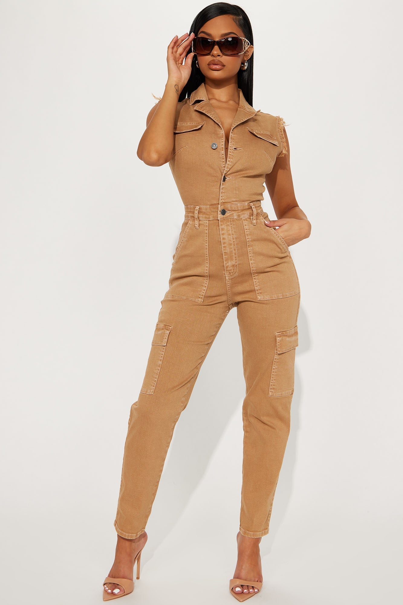 Weekend Love Denim Jumpsuit - Tan