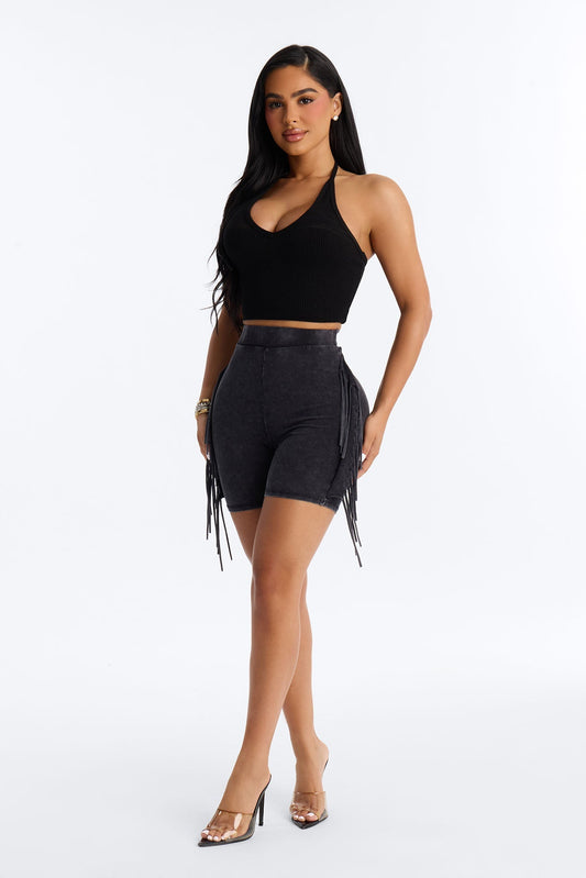 Shake It Up Washed Fringe Trim Biker Short 4″ - Black