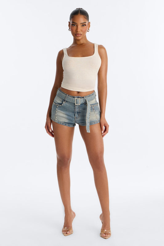 Under The Lights Studded Micro Denim Short - Vintage Wash
