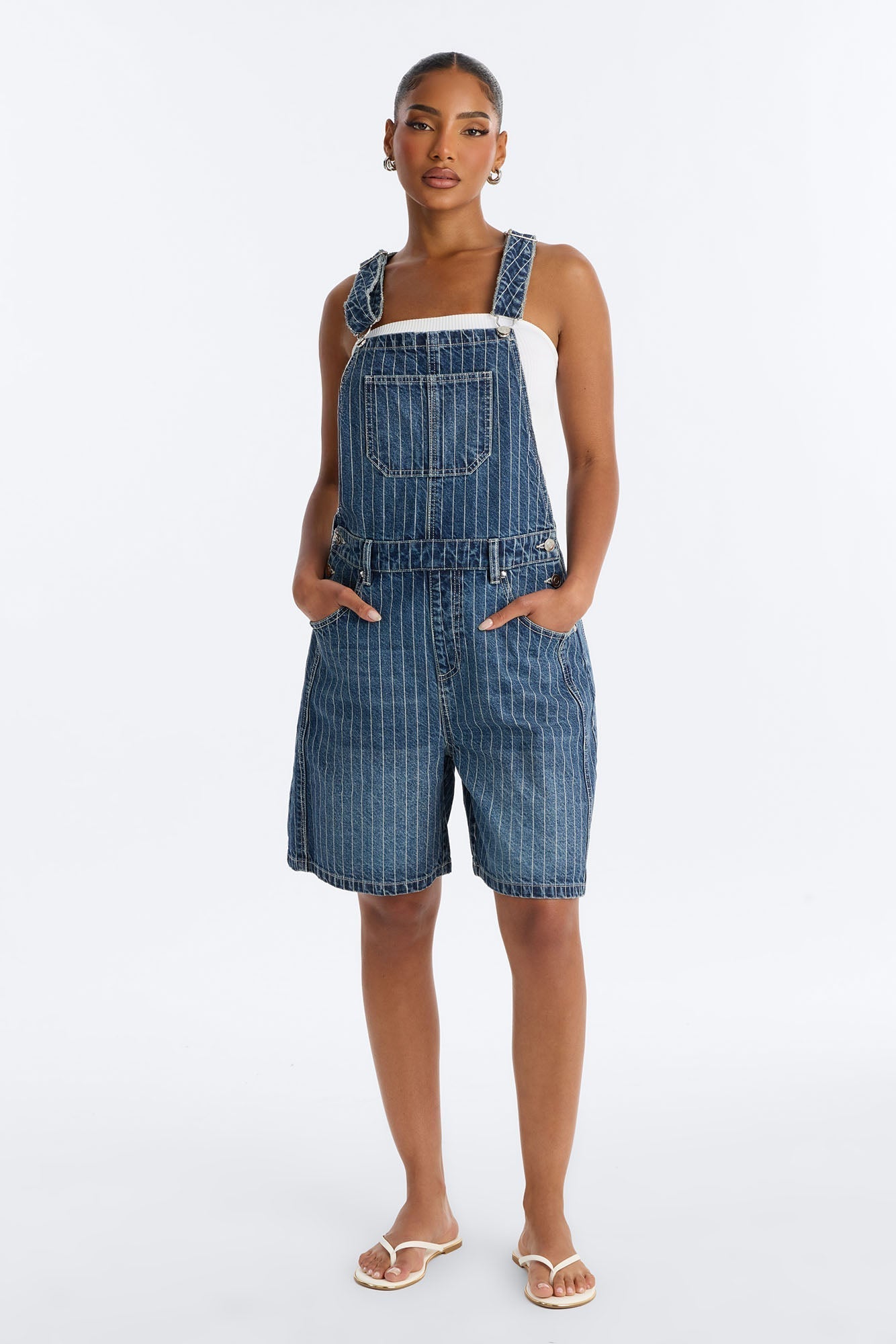 Legendary Striped Denim Shortalls - Medium Wash