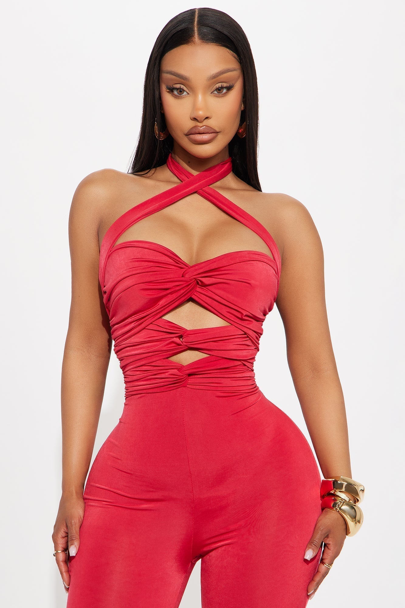 Dare Me Ruched Cut Out Halter Jumpsuit - Red