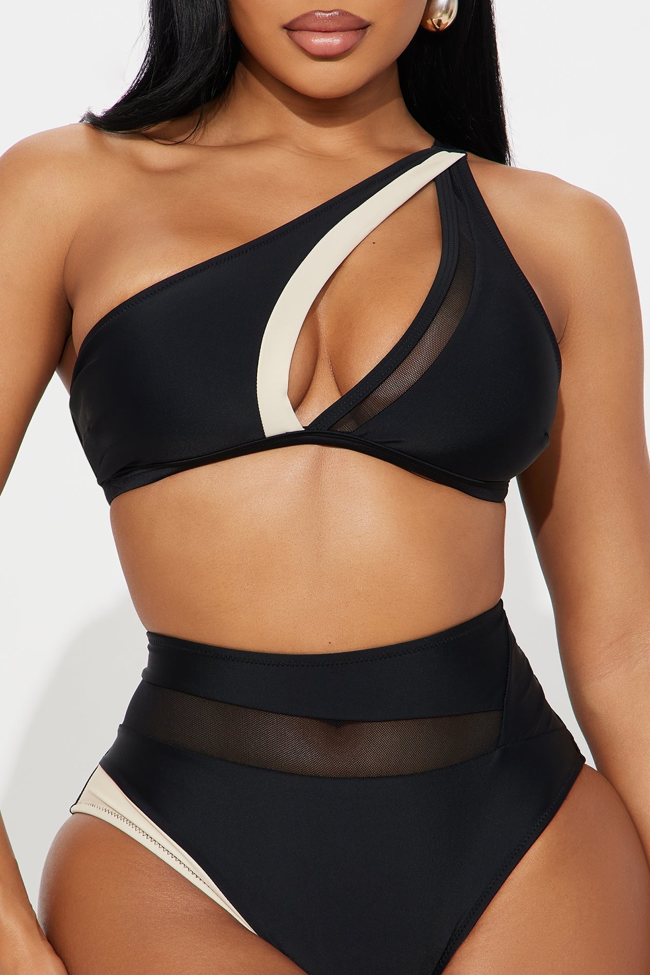 Marie One Shoulder Contrast 2 Piece Bikini - Black/White