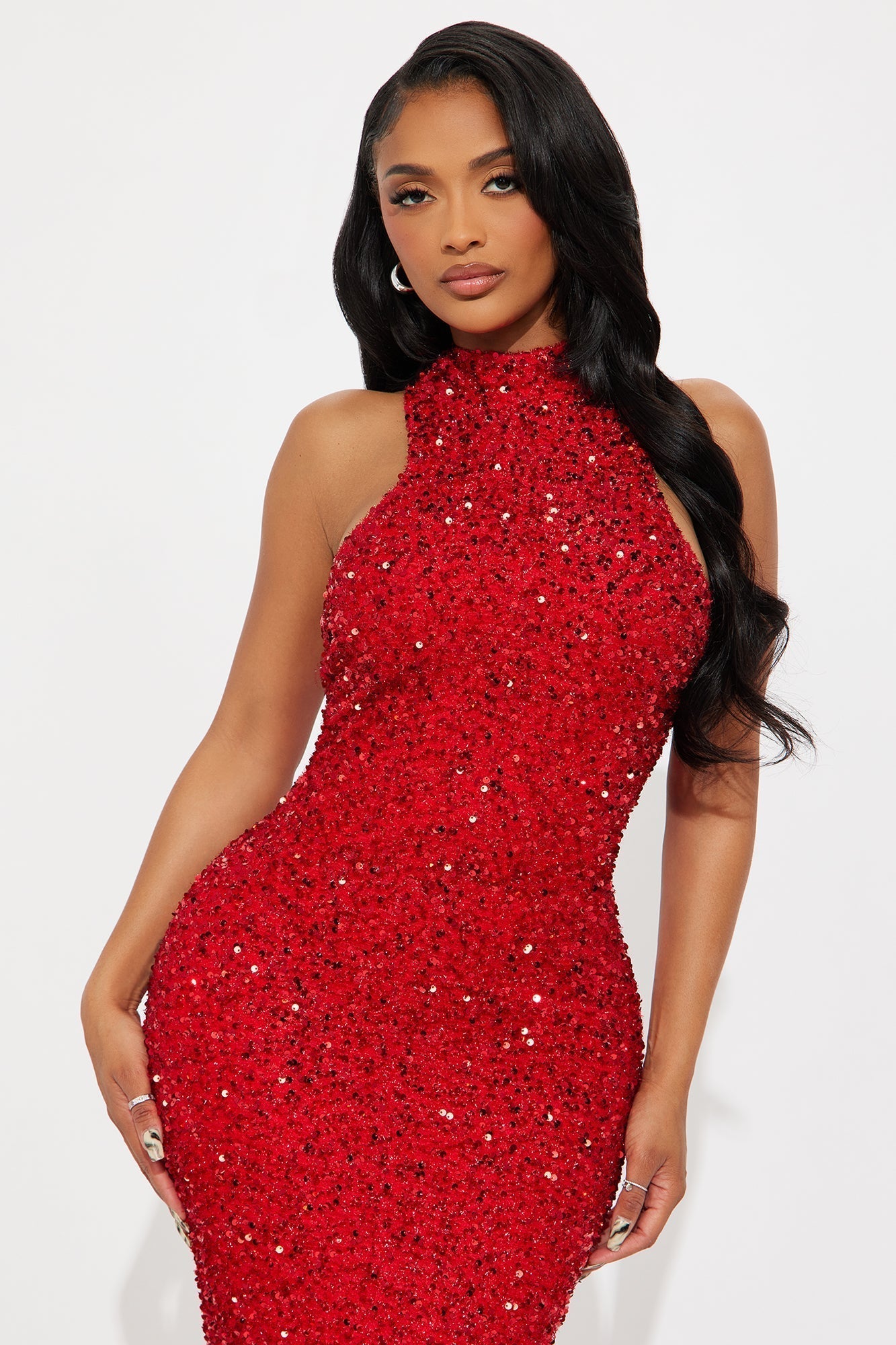 Zoey Feathered Sequin Gown - Red