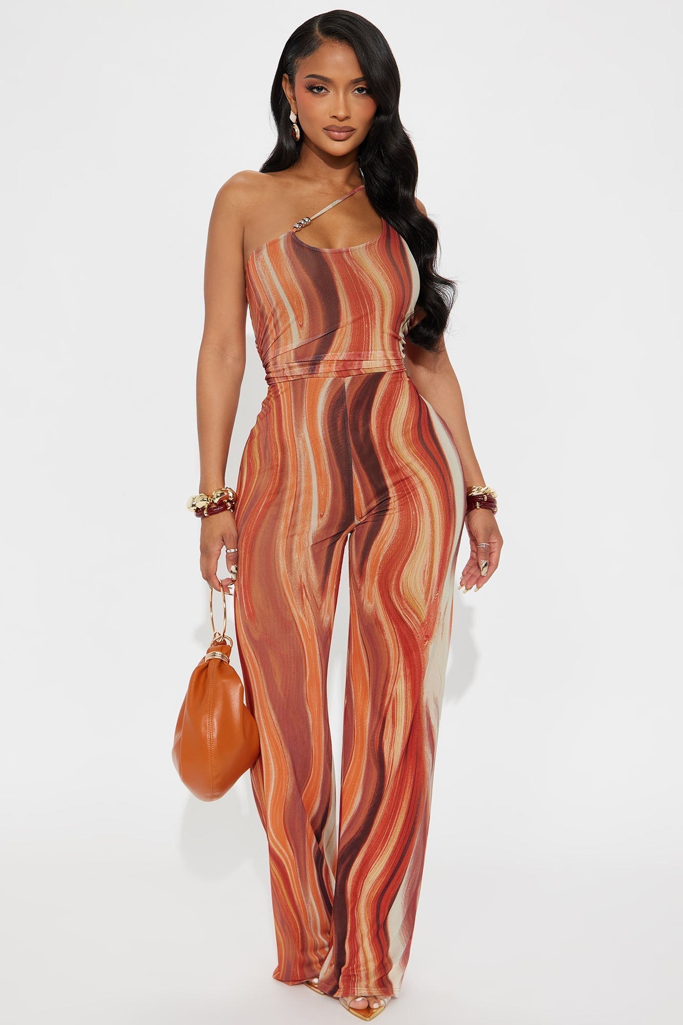Lost Island One Shoulder Mesh Jumpsuit - Orange/combo