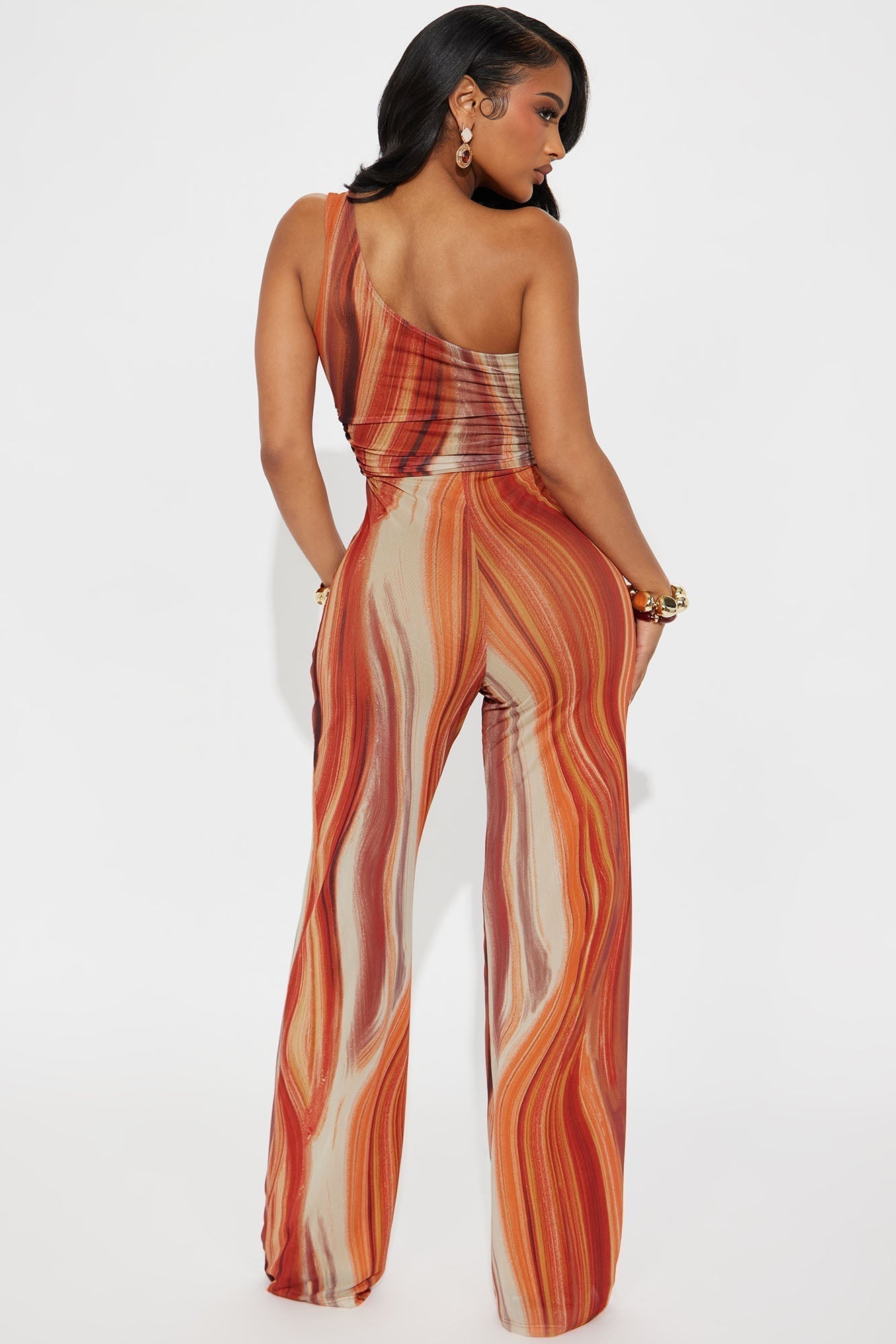 Lost Island One Shoulder Mesh Jumpsuit - Orange/combo