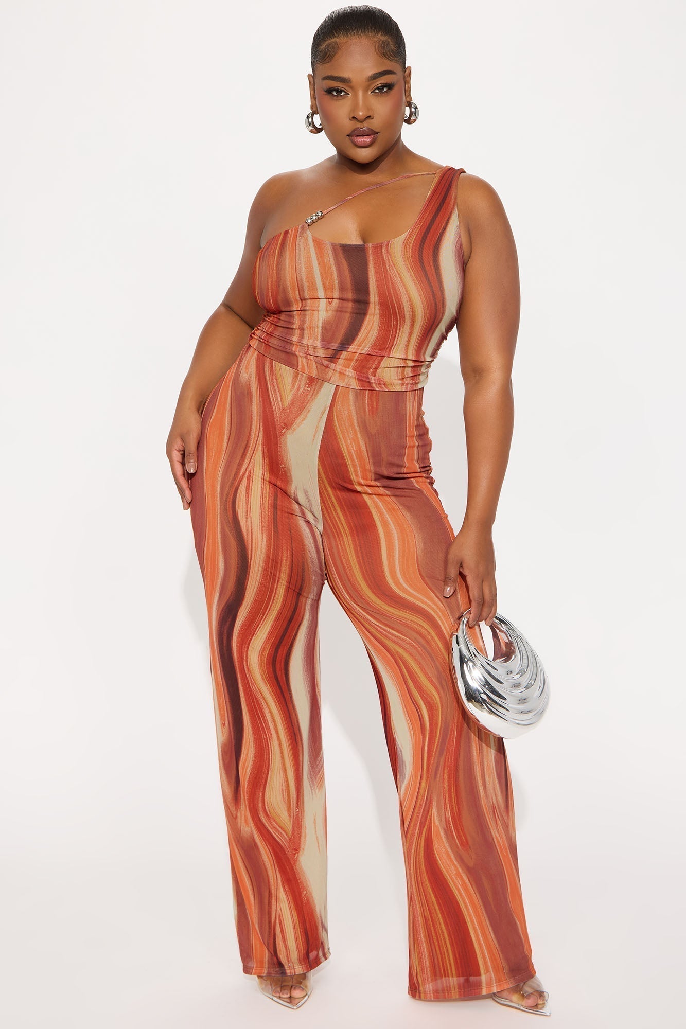 Lost Island One Shoulder Mesh Jumpsuit - Orange/combo