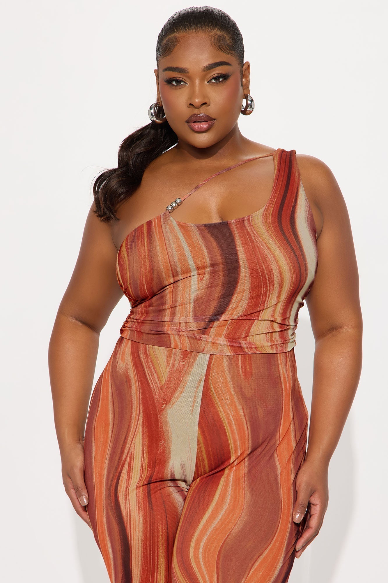 Lost Island One Shoulder Mesh Jumpsuit - Orange/combo