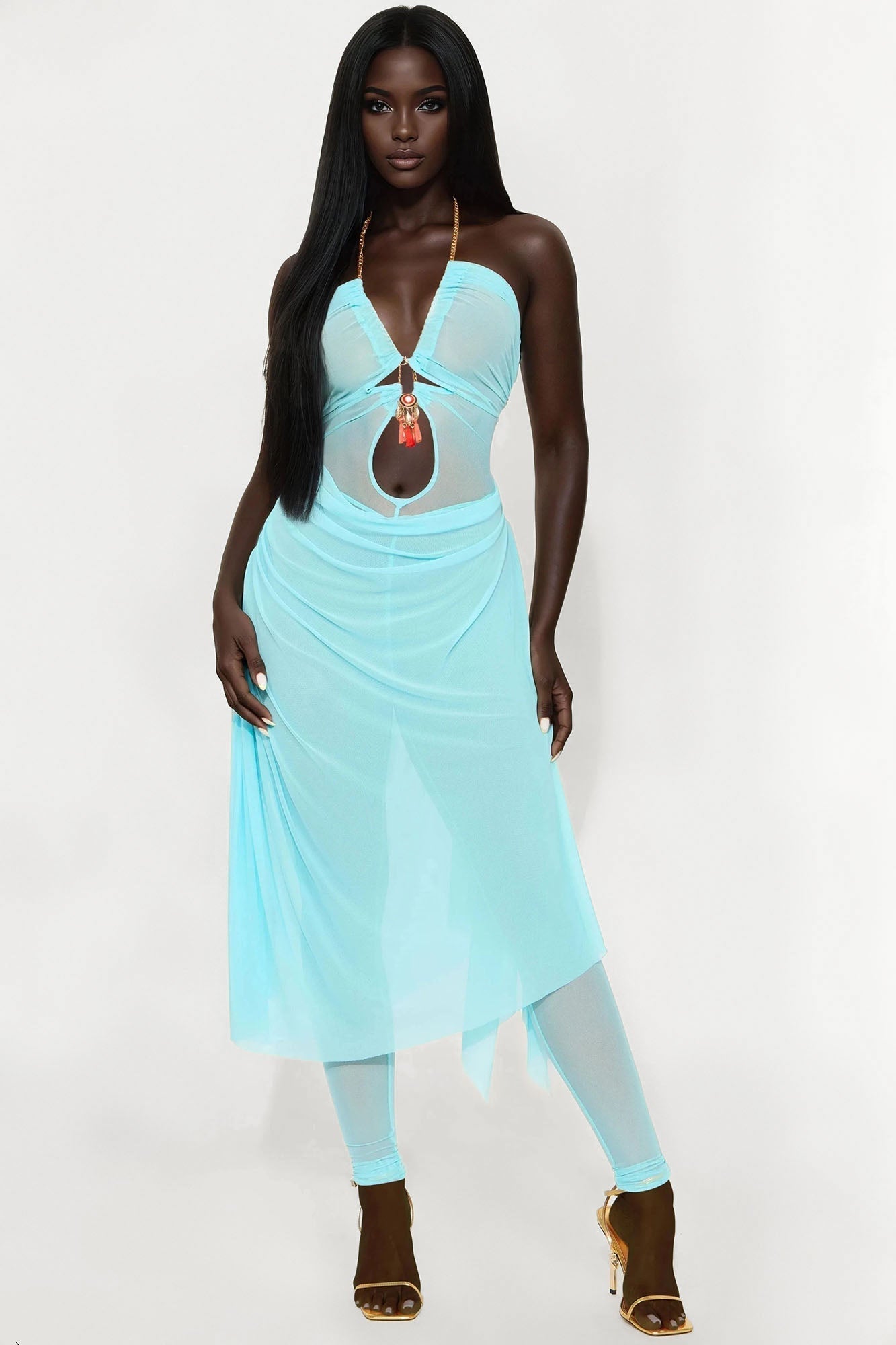 Layla Sheer Mesh Jumpsuit - Aqua