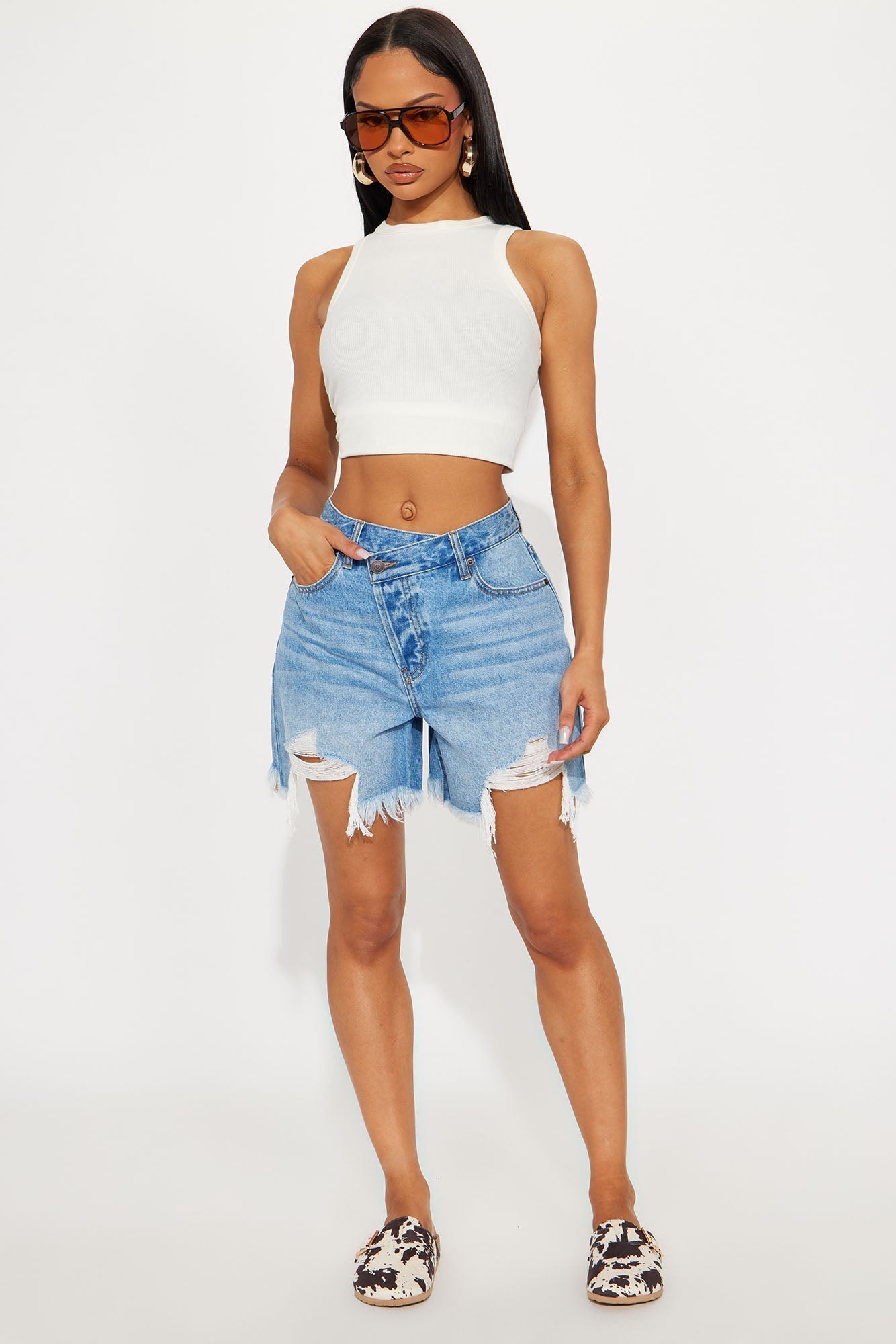 At A Glance Crossover Denim Shorts - Medium Wash