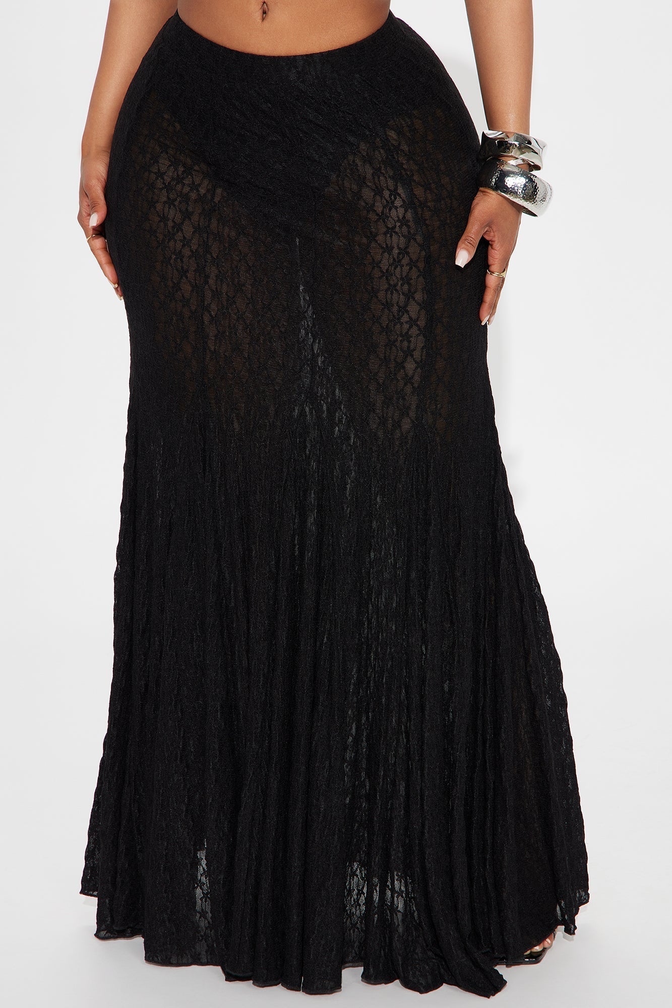 The Favorite Pleated Sheer Lace Maxi Skirt - Black