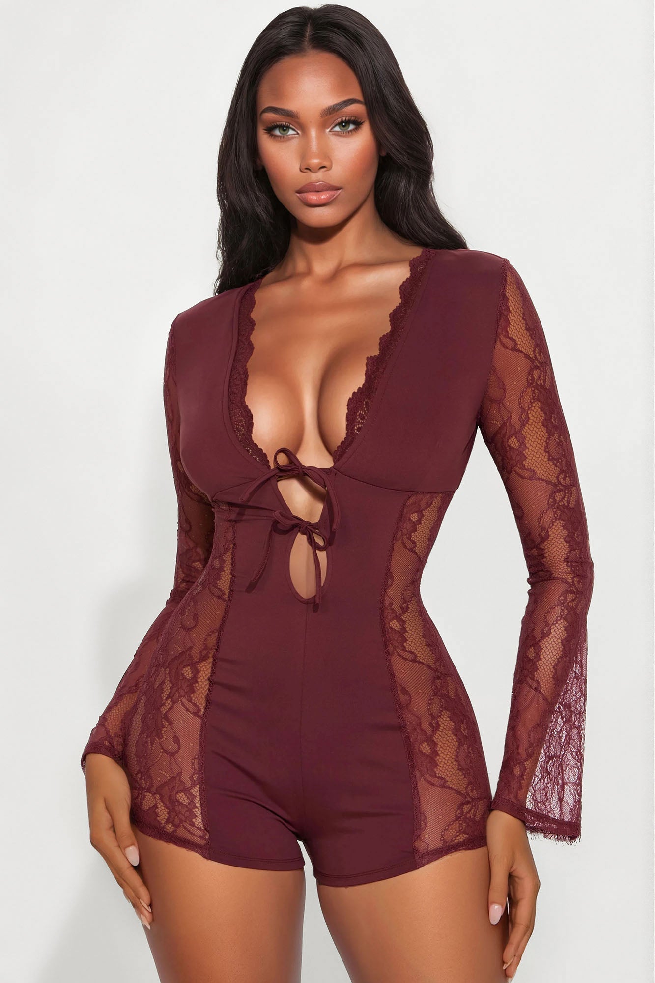 Cleo Lace Long Sleeve Romper - Burgundy