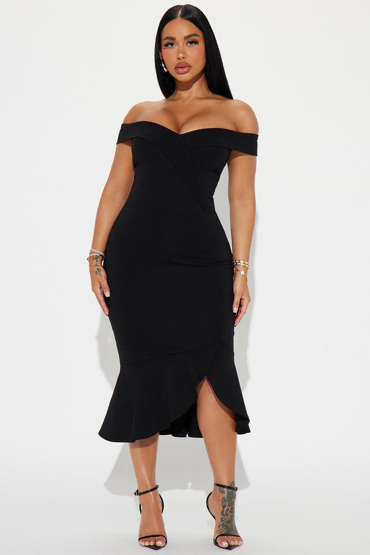 Eloise Off Shoulder Body Sculpting Midi Dress - Black