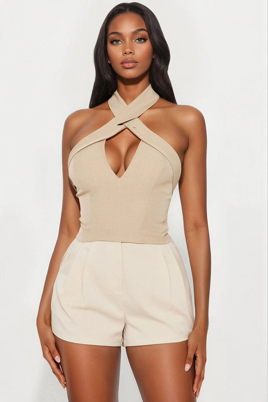 Shannon Crossed Halter Top - Taupe