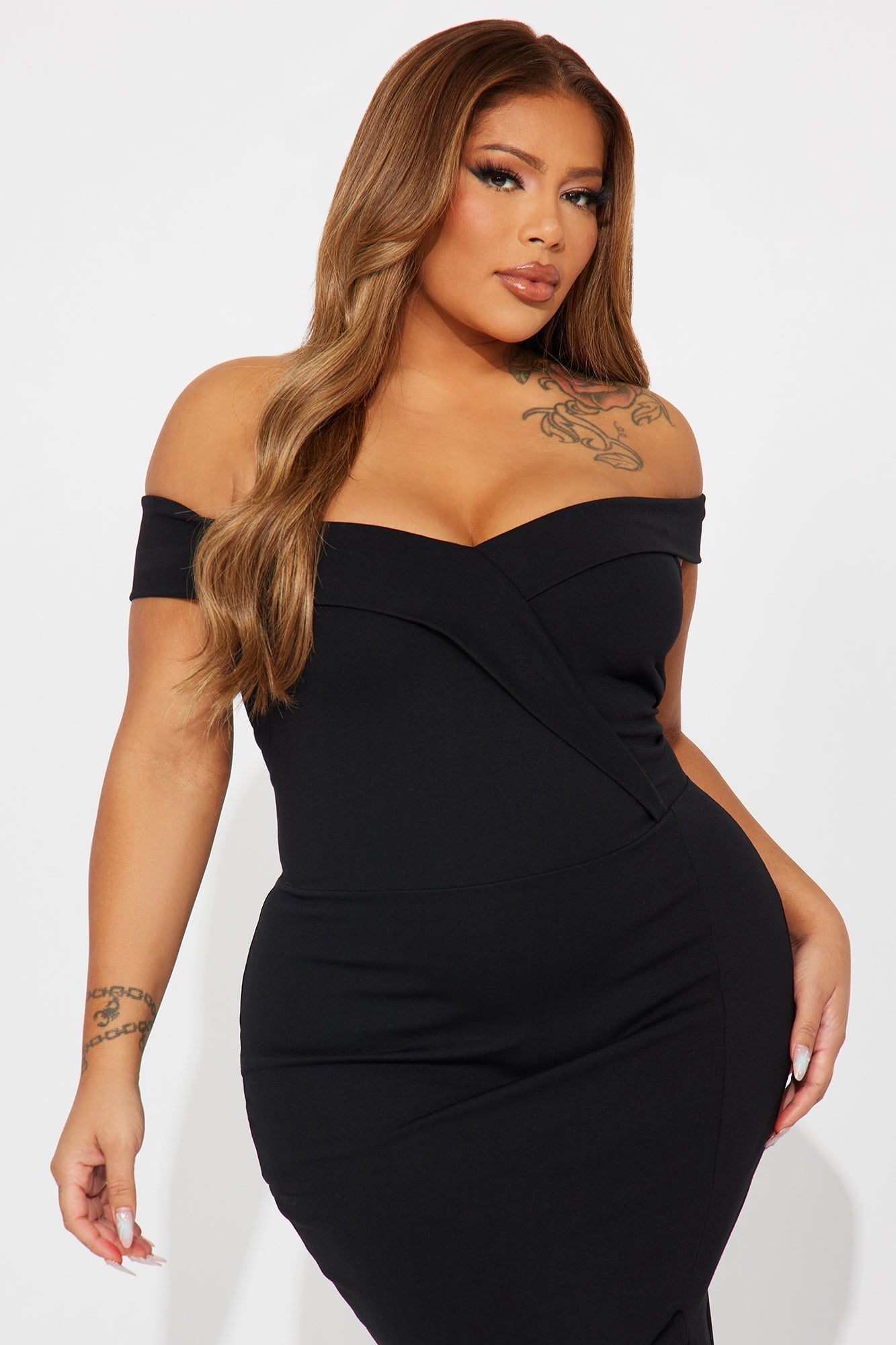 Eloise Off Shoulder Body Sculpting Midi Dress - Black