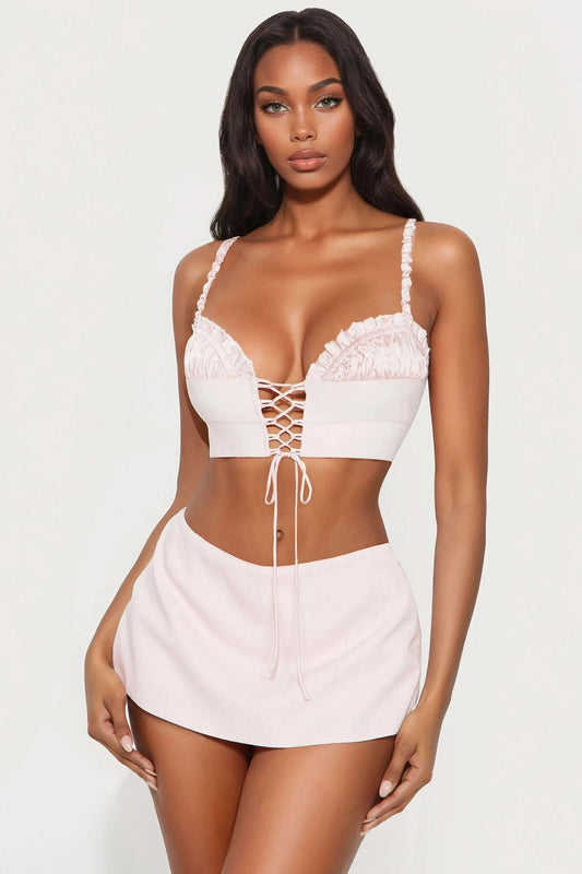Vonda Lace Up Bandage Bra Top - Pink