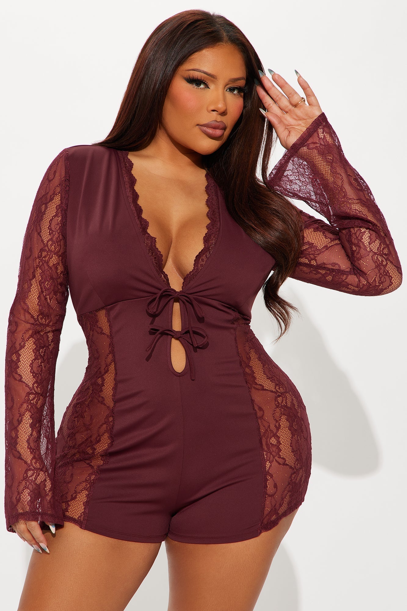 Cleo Lace Long Sleeve Romper - Burgundy