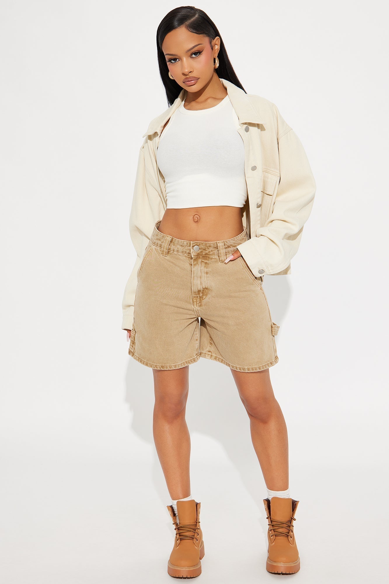 Work It Out Utility Denim Shorts - Tan