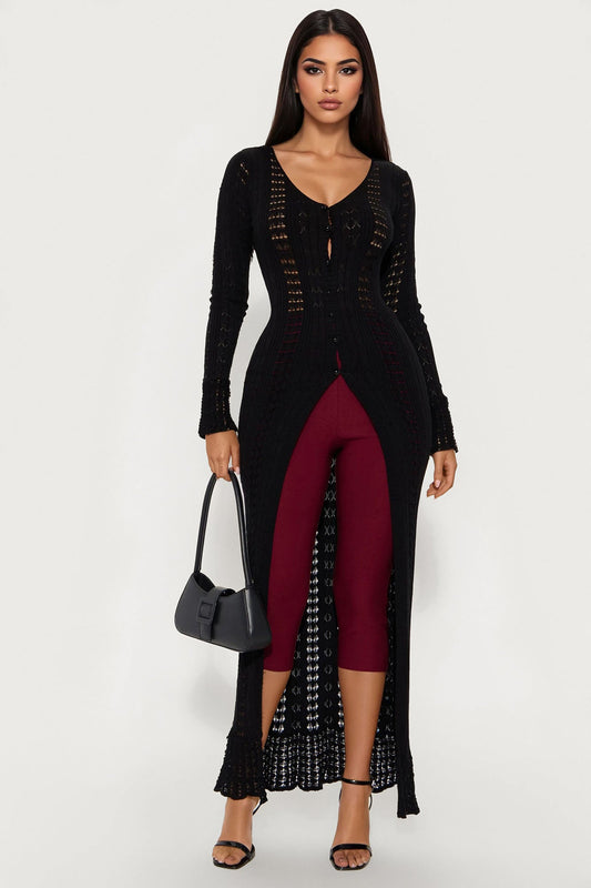 Geena Long Pointelle Cardigan Sweater - Black