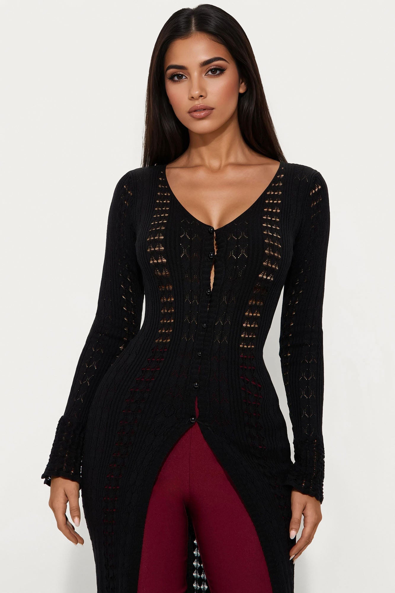 Geena Long Pointelle Cardigan Sweater - Black