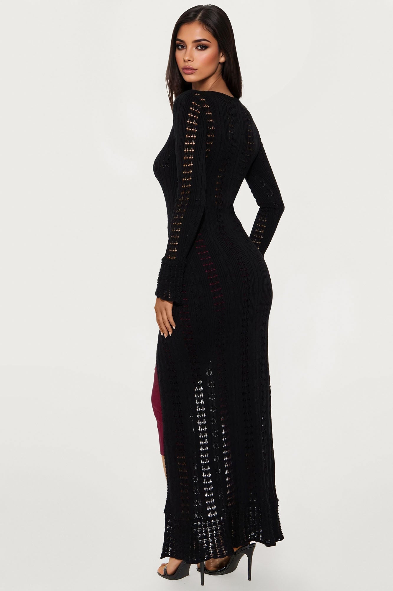 Geena Long Pointelle Cardigan Sweater - Black