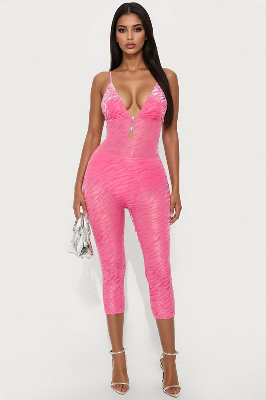 Get It Together Mesh Capri Jumpsuit - Hot Pink
