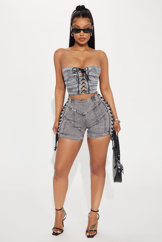 Most Likely Lace Up Stretch Denim Shorts - Grey