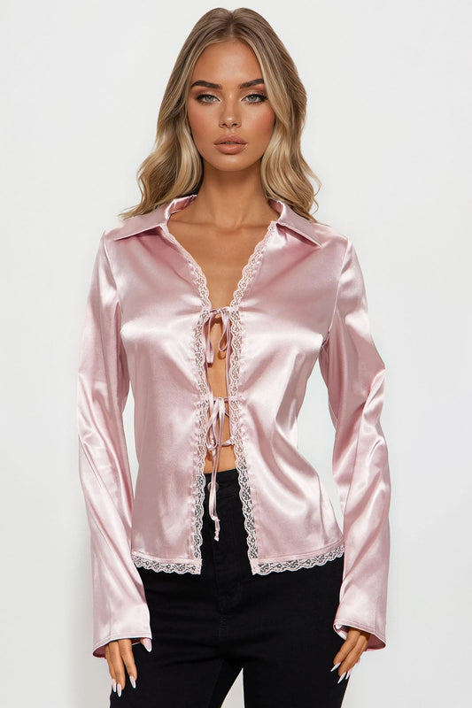 Midnight Snack Tie Front Satin Blouse - Mauve