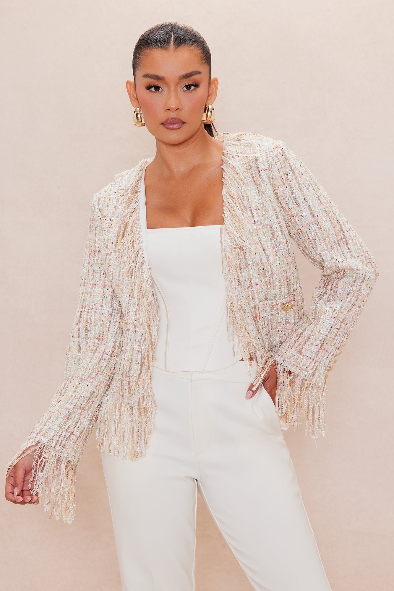 Fatima Fringe Tweed Blazer - Natural/Combo