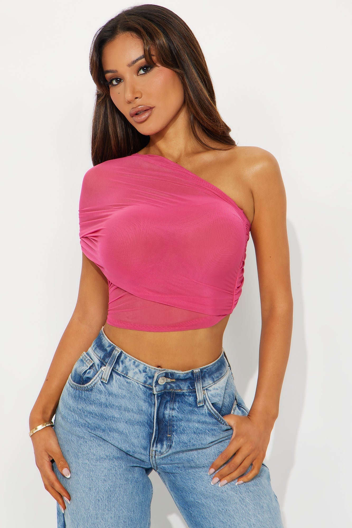 Year Round Mesh One Shoulder Top - Fuchsia