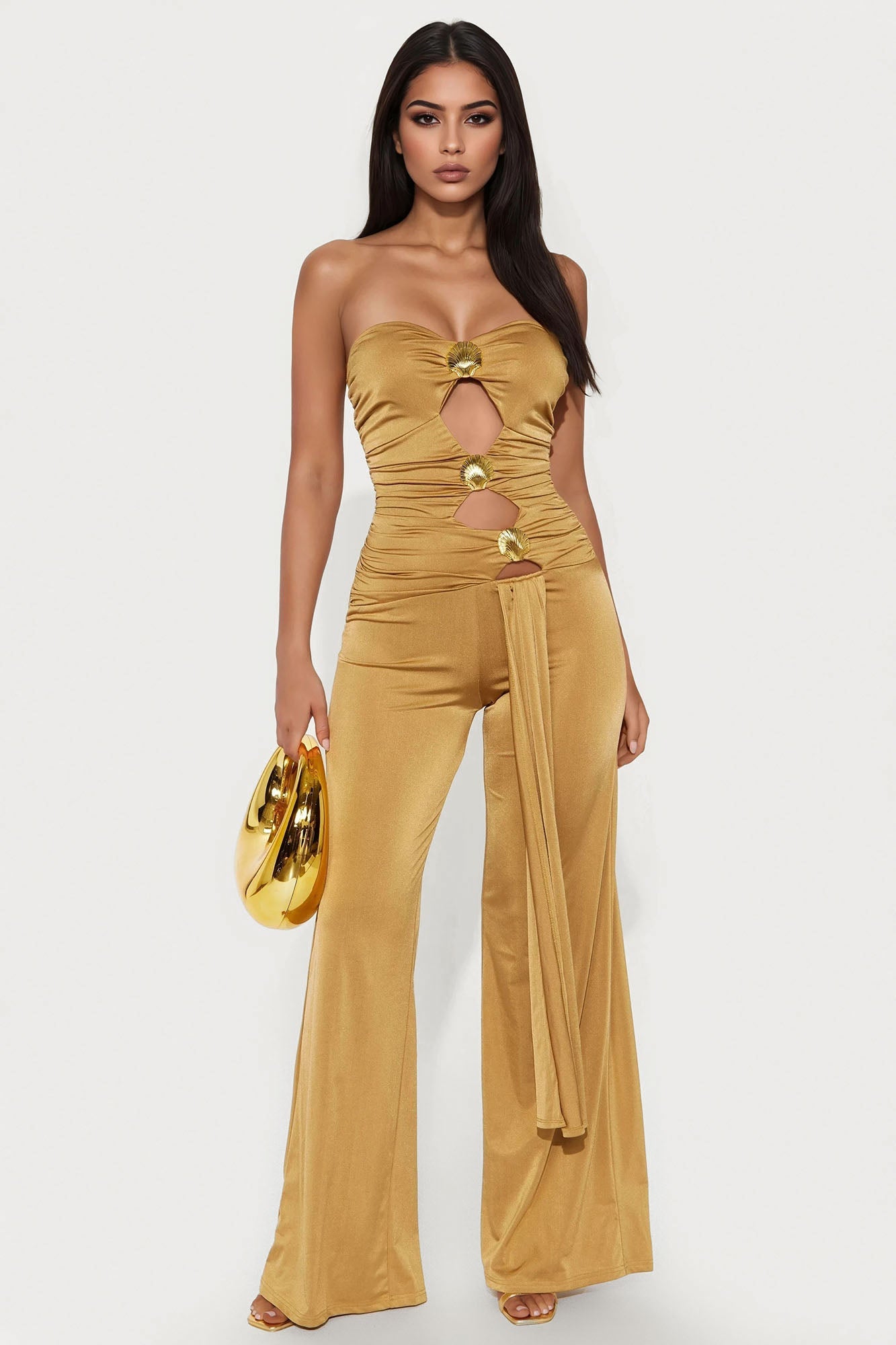 Sunlit Diva Strapless Wide Leg Jumpsuit - Gold