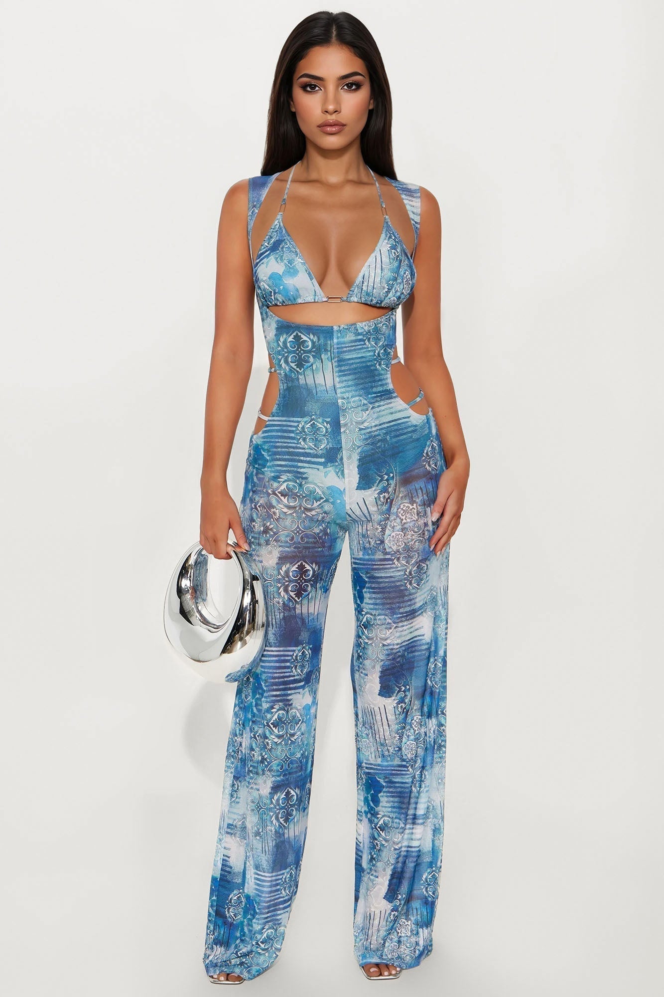 Alyssa Mesh 2 Piece Jumpsuit Set - Blue/combo