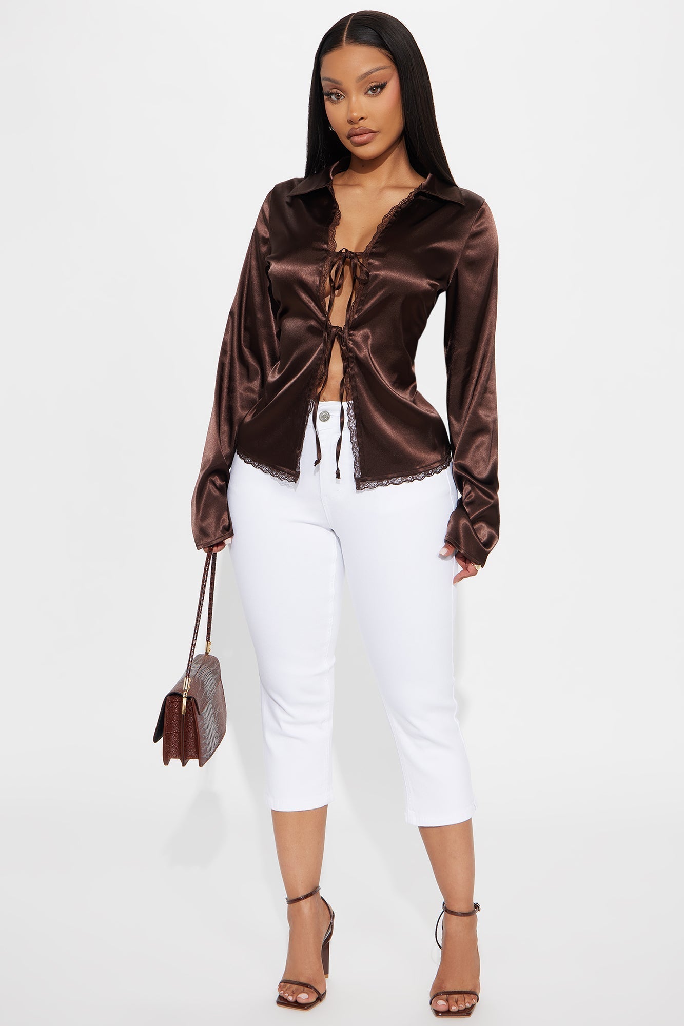 Midnight Snack Tie Front Satin Blouse - Chocolate