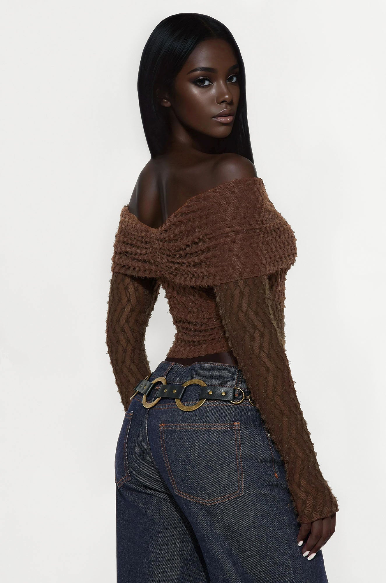 Minerva Off Shoulder Long Sleeve Top - Chocolate