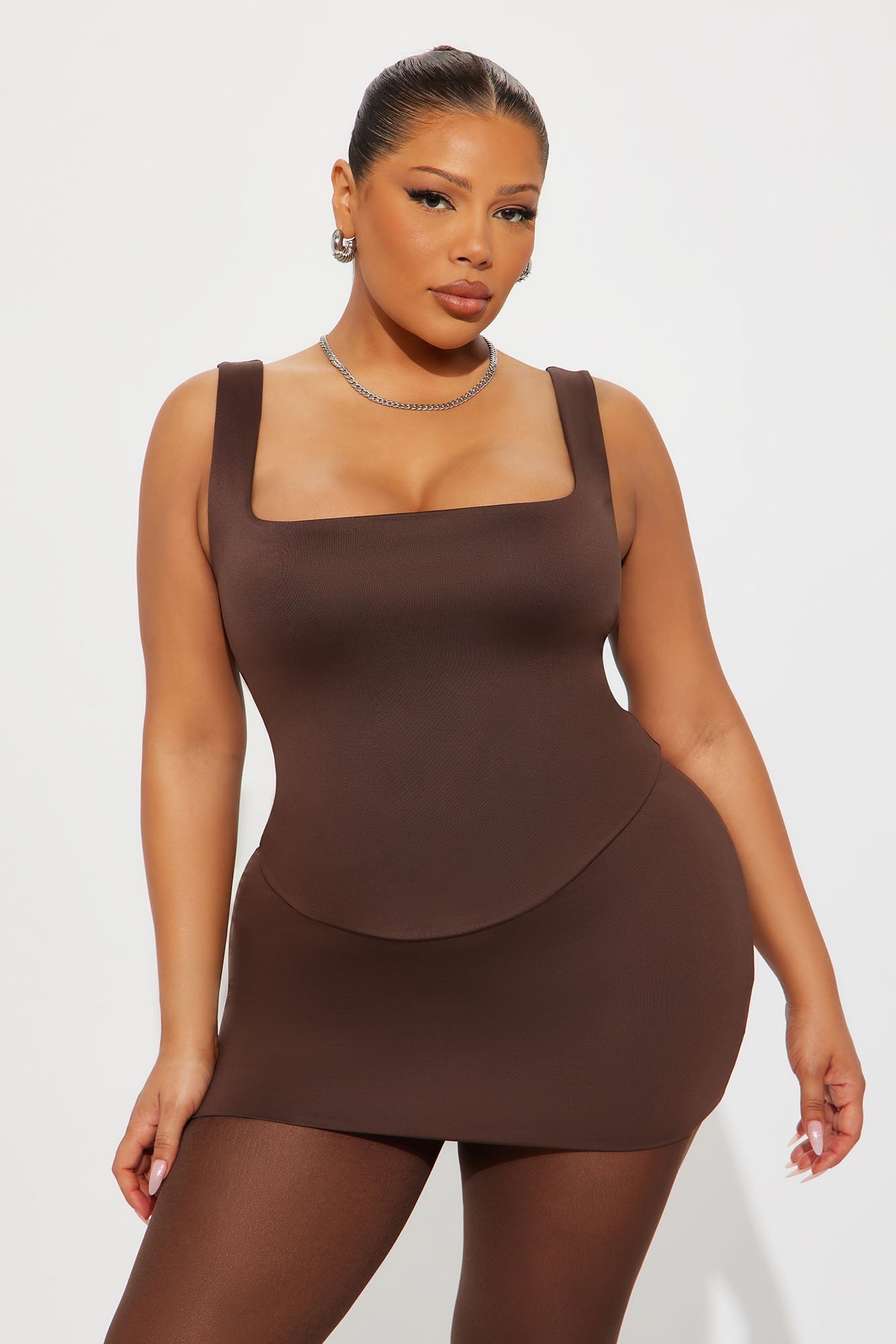 Contour Double Lined Square Neck Tank Top - Chocolate