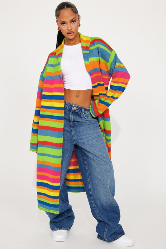 Bright Life Striped Long Cardigan - Multi Color