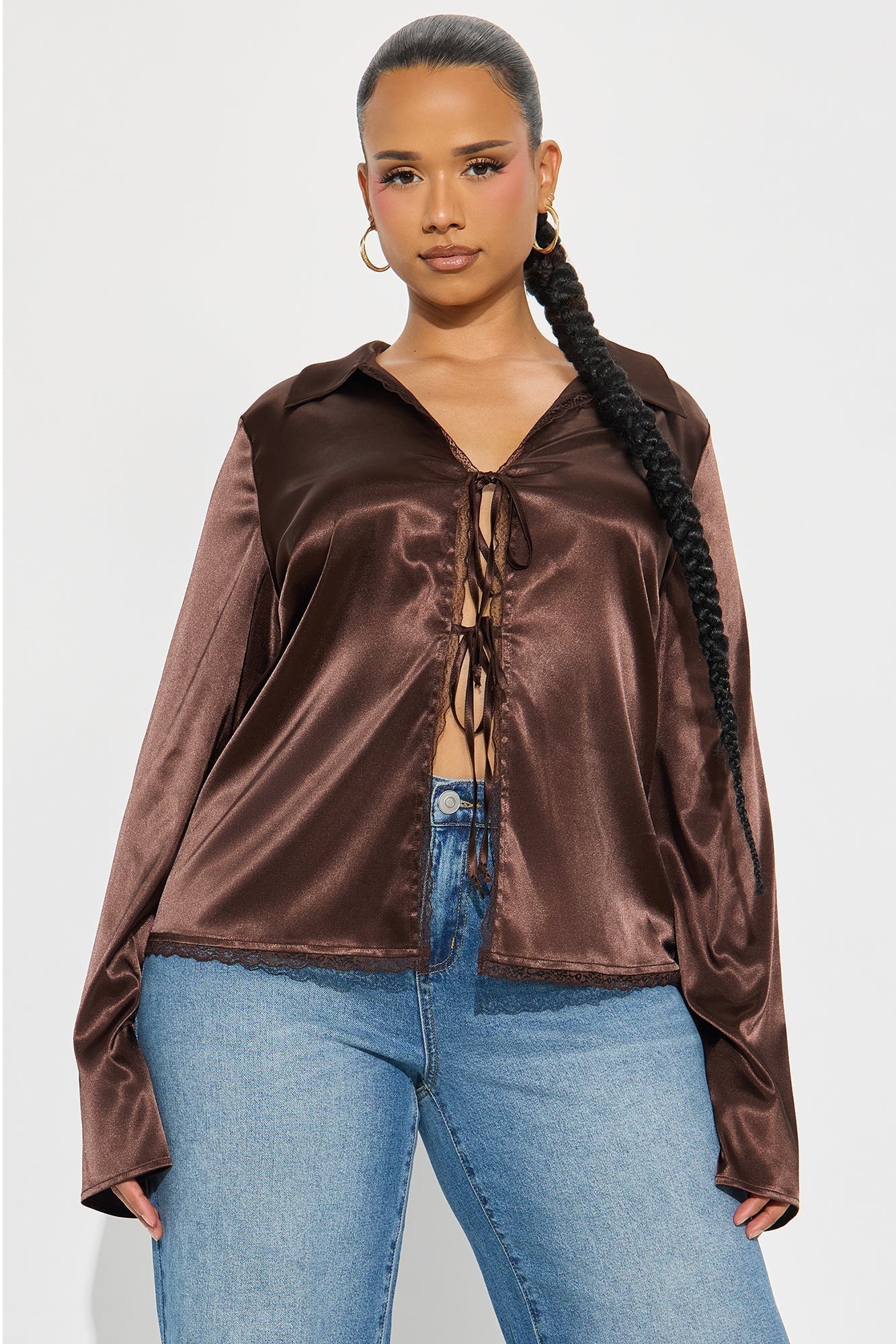 Midnight Snack Tie Front Satin Blouse - Chocolate