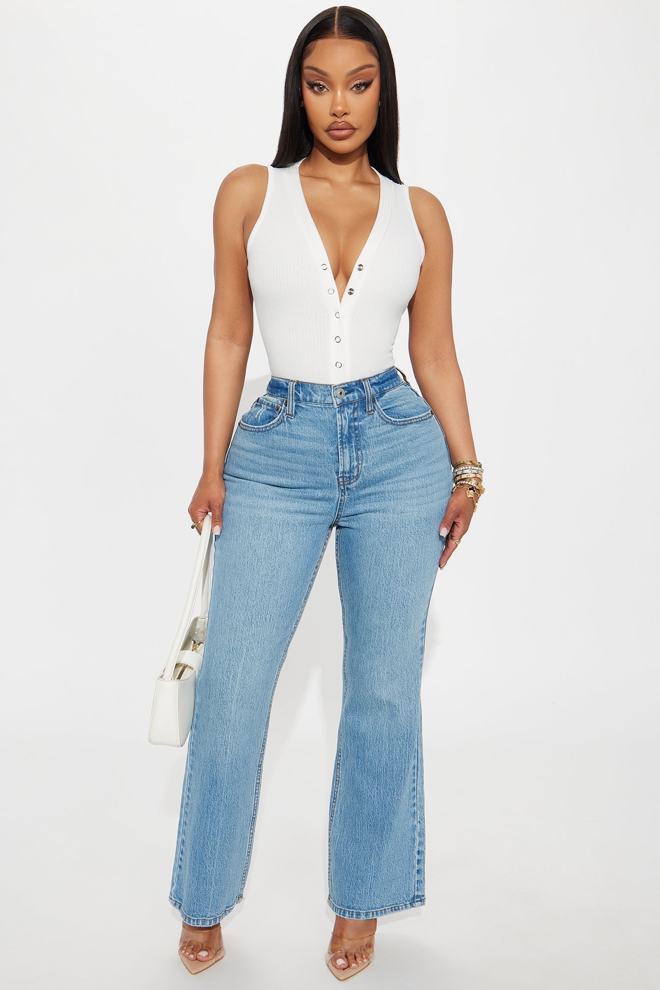 Set Free Deep V-Neck Bodysuit - White