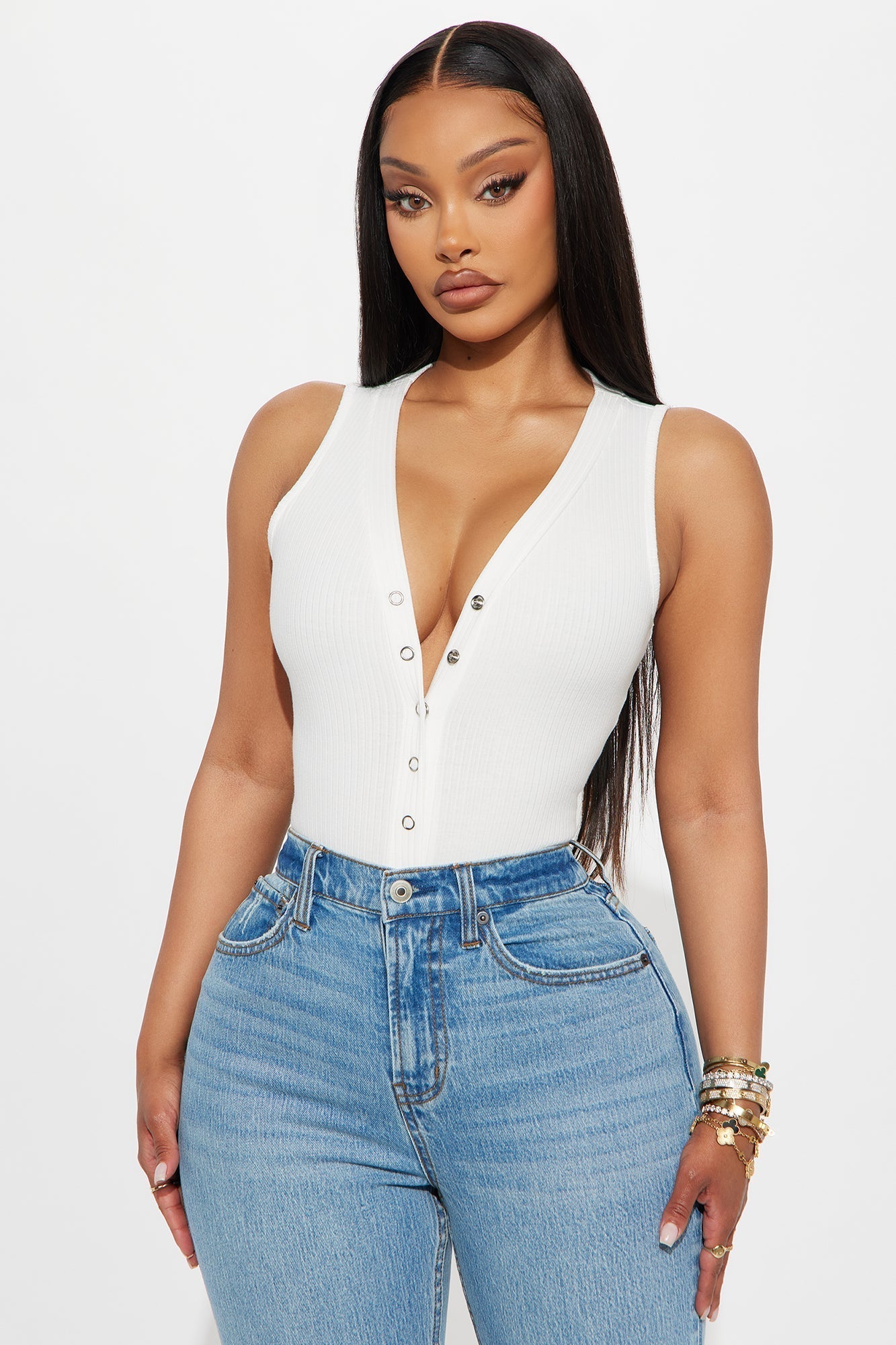 Set Free Deep V-Neck Bodysuit - White