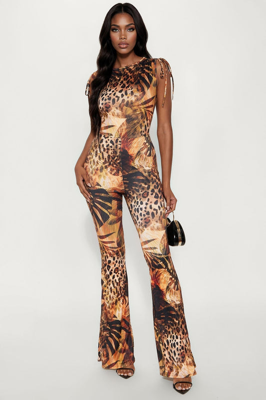 Eva Animal Print Flare Jumpsuit - Brown Combo