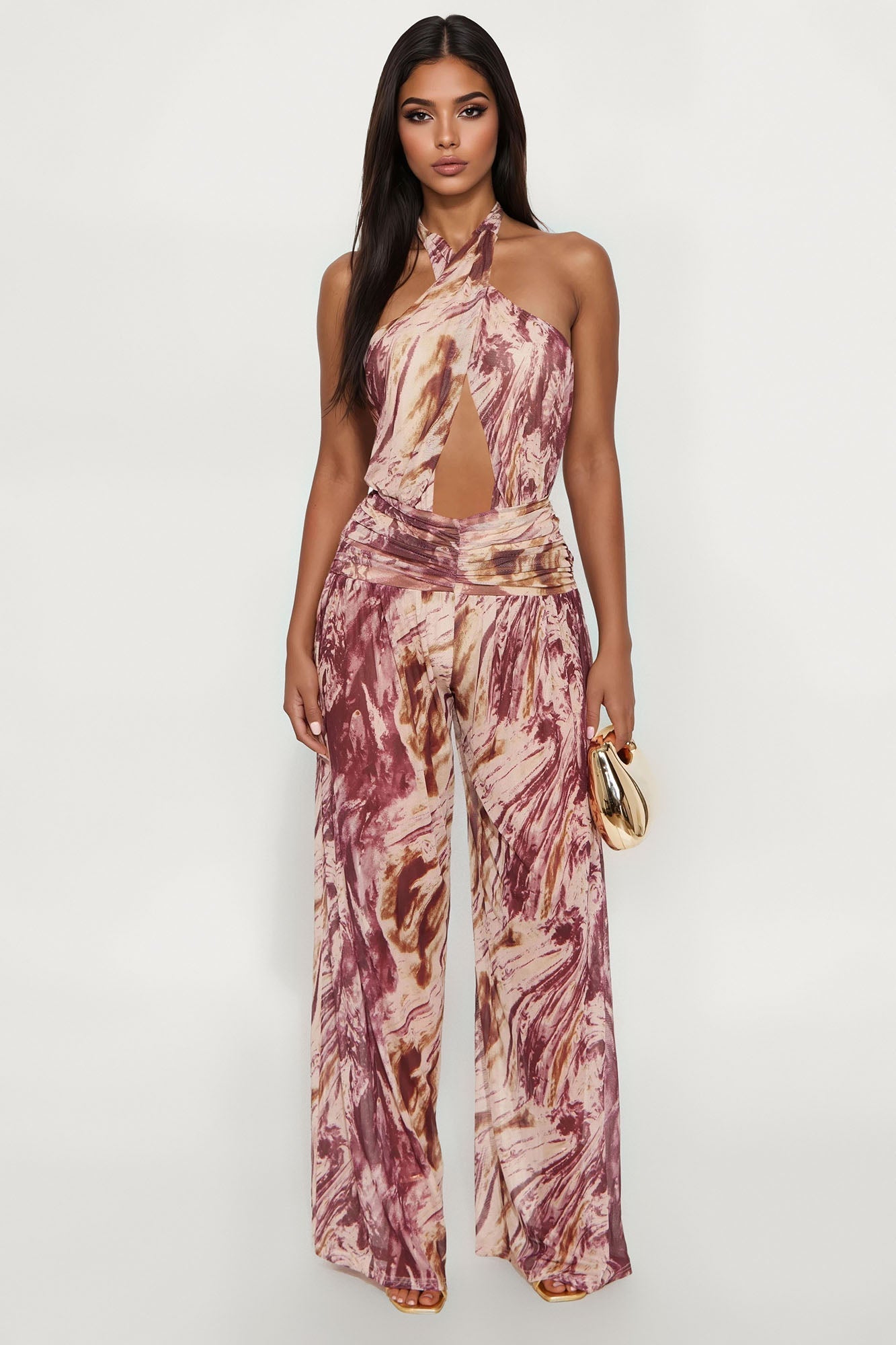 Dianna Mesh Halter Jumpsuit - Brown