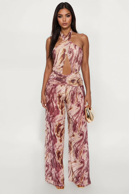 Dianna Mesh Halter Jumpsuit - Brown