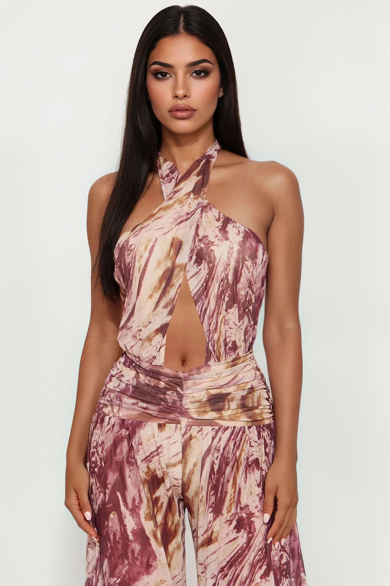 Dianna Mesh Halter Jumpsuit - Brown