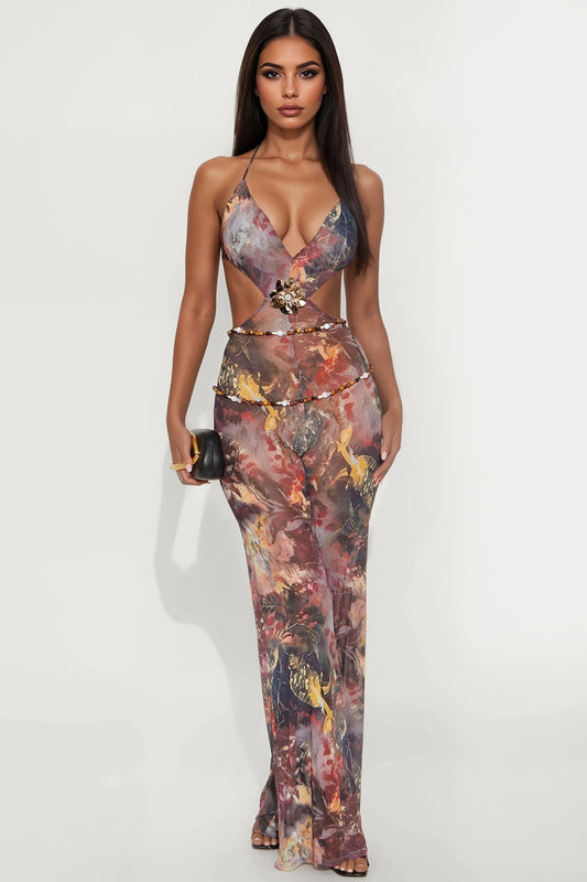 Love In Cancun Mesh Jumpsuit - Burgundy/combo