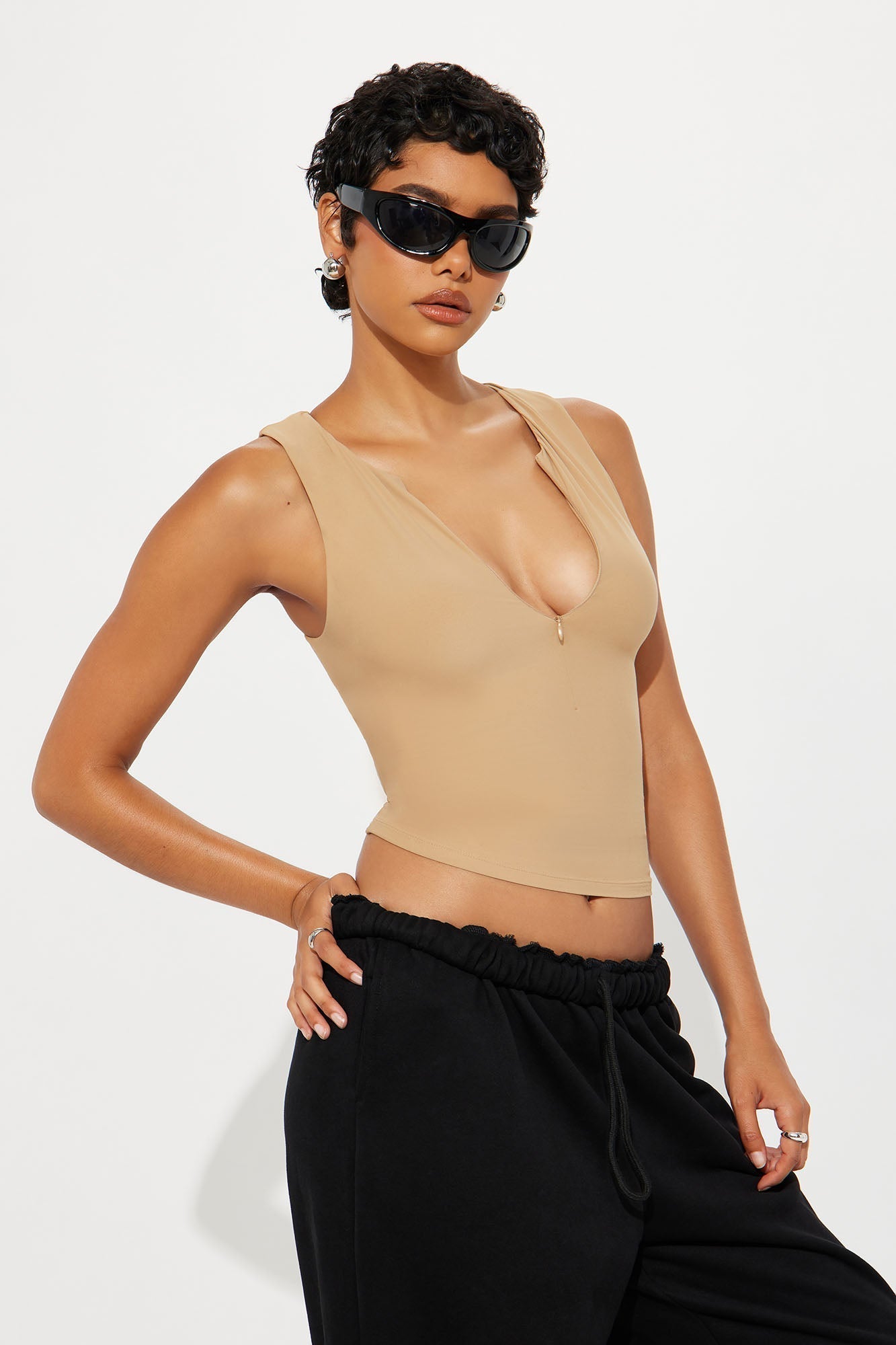 Second Skin Double Lined Zip Front Tank - Mocha