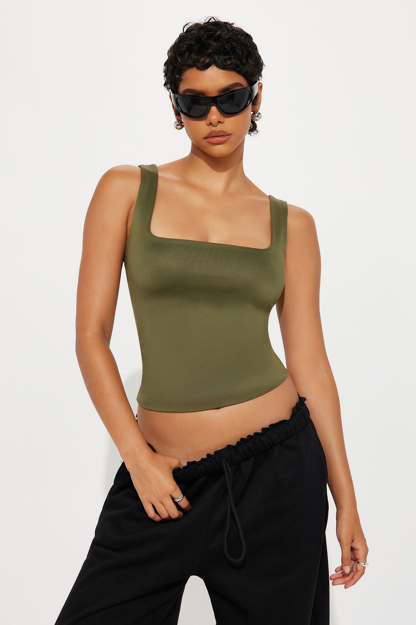 Contour Double Lined Square Neck Tank Top - Military Green