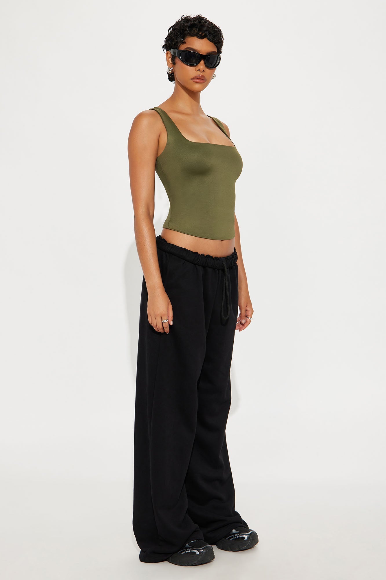 Contour Double Lined Square Neck Tank Top - Military Green